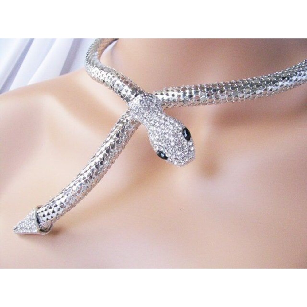 Silver Metal Fashion Clear Rhinestone Snake Choker Necklace Coil Necklace